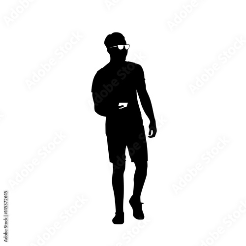 Man Black Silhouette Use Cell Smart Phone Standing Full Length Over White Background Vector Illustration