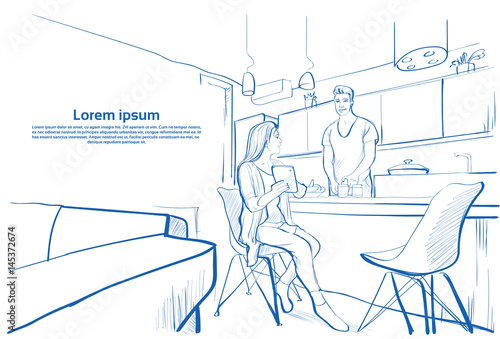 Couple Having Breakfast, Woman Show Tablet Computer To Man Cooking Food Kitchen Studio Sketch Vector Illustration