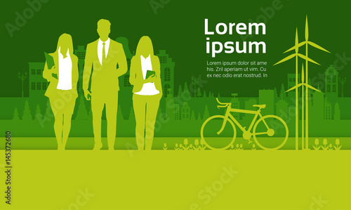 Green Silhouette Businesspeople Group Over City Background Business Man And Woman Team Vector Illustration
