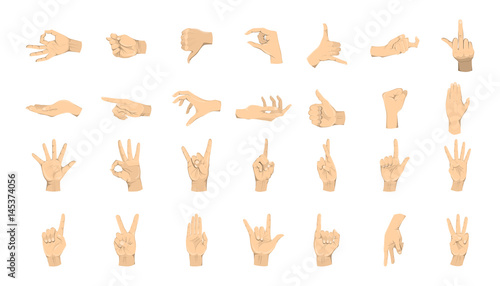 Hands gestures set. Hands with signs and symbols on white background.