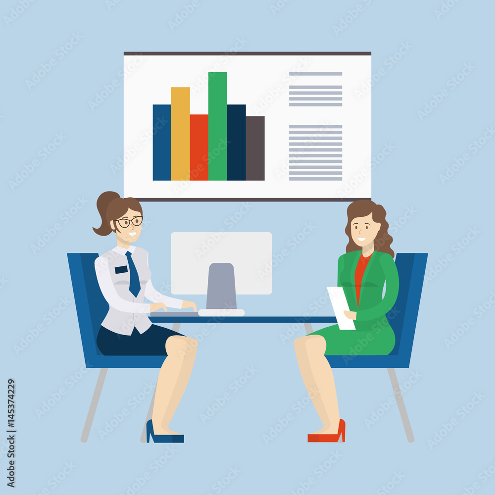 Analytics in bank. People in bank office look at the infographic and discuss. Two women. Analytics in bank. People in bank office look at the infographic and discuss. Two women.