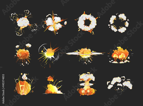 Explosion icons set on black background. Cartoon comic boom effects.