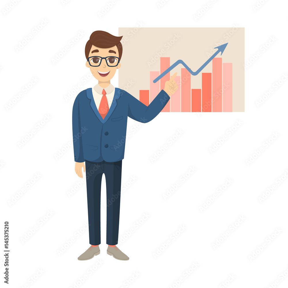 Businessman with graphic board on white background in suit. Businessman with graphic board on white background in suit.