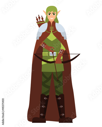 Male elf with a bow and arrow. Flat design. Vector illustration
