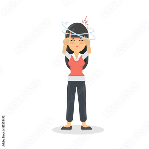 Woman with headache. Sick young girl is ill. Isolated character on whte.