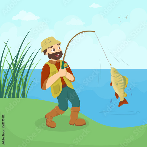 Fisherman catches fish on the lake or river. Big fresh fish.