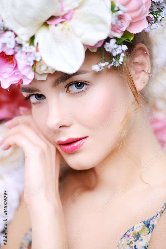 girl in wreath of flowers girl in wreath of flowers