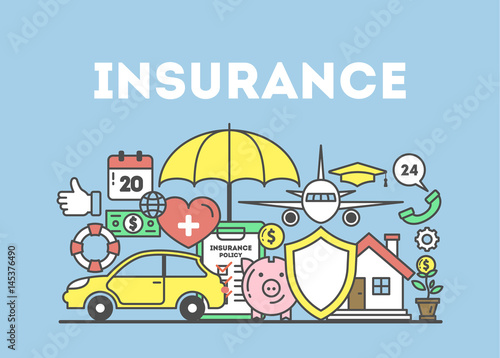 Insurance concept illustration. Signs and icons on blue background. © inspiring.team