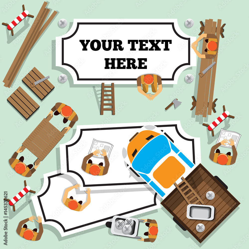 Fototapeta premium Workers attach labels. View from above. Vector illustration.