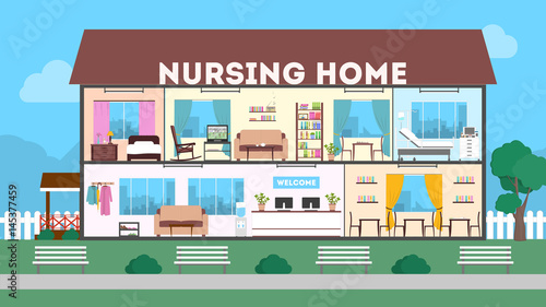 Fototapeta Naklejka Na Ścianę i Meble -  Outside nursing home. Green landscape. Clinic interior
