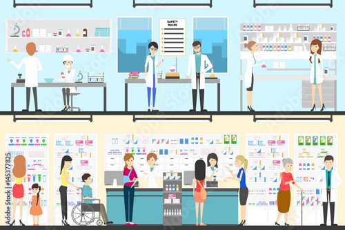 Pharmacy interior set. People in drug store with pharmacists.