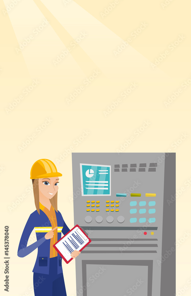 Engineer standing near control panel. Engineer standing near control panel.
