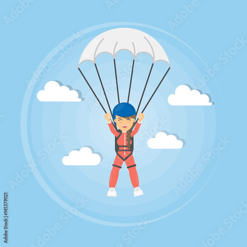Skydiving active sport. Man in uniform with parachute.