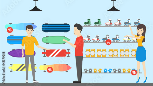 Sport store interior. Salespeople with visitors. Buying boards