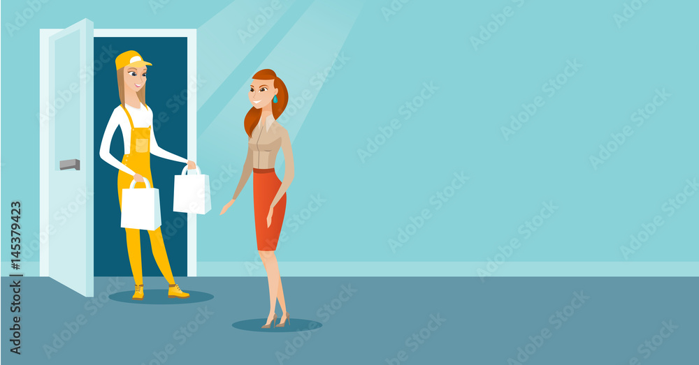 Delivery courier delivering groceries to customer.