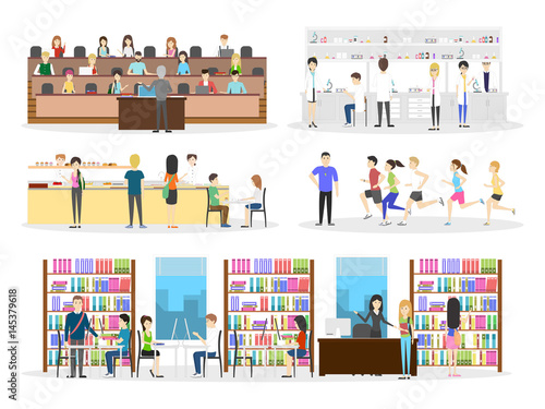 University interior set. Campus and classroom and laboratory on white background.