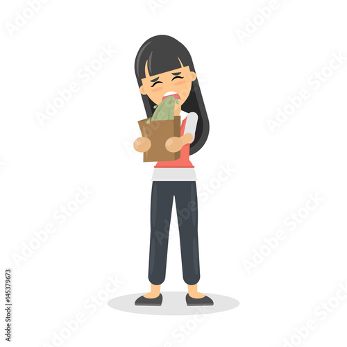 Isolated woman vomits. Cartoon character on white background.