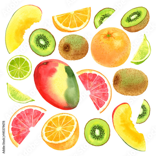 Watercolor vector fruit set with mango  kiwi  lime  grapefruit and orange