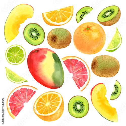 Watercolor vector fruit set with mango, kiwi, lime, grapefruit and orange