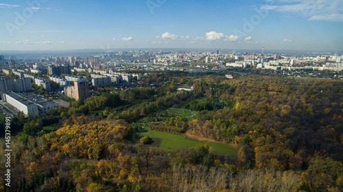 Ufa city at sunset in center. Aerial view