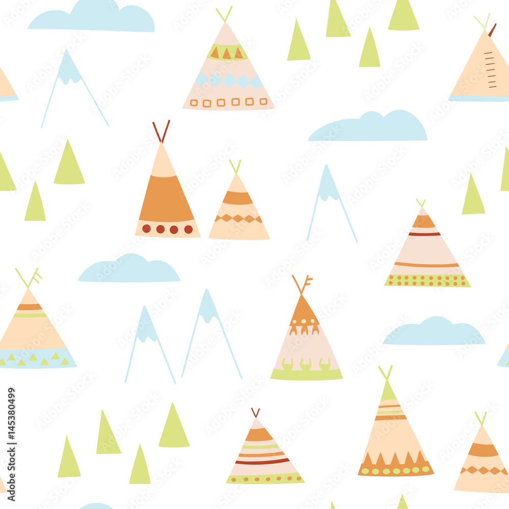 Cartoon wigwams seamless pattern. Native American wigwams, trees, mountains, clouds. Perfect for children's design