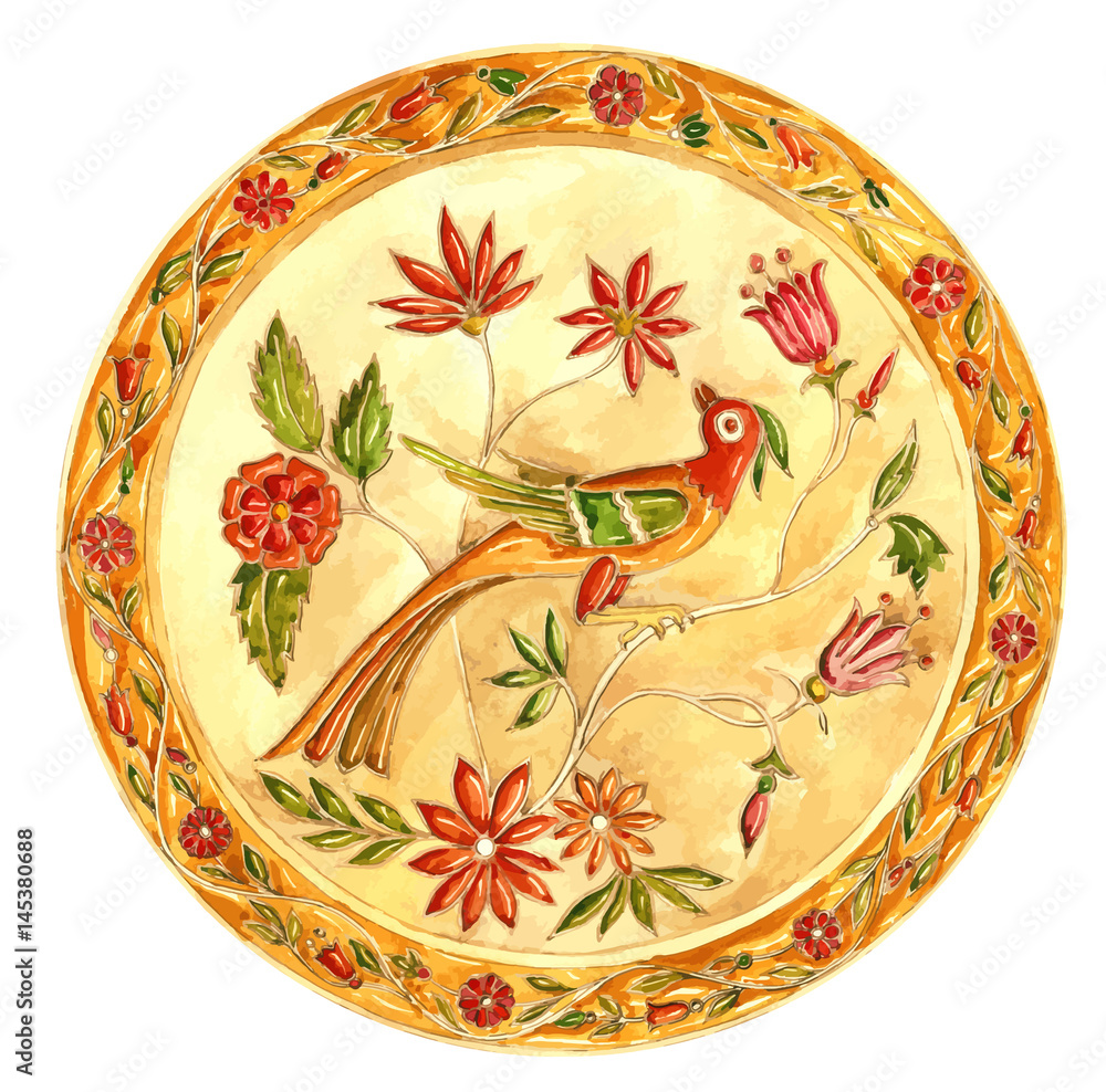 Fabulous bird. Decorative plate in Gzhel style. Russian painted 