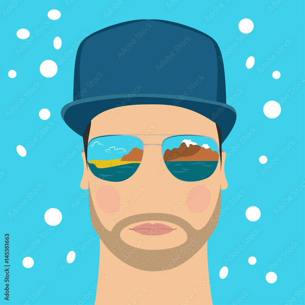 Fashionable man with beard, wearing mirrored sunglasses and a cap in ...