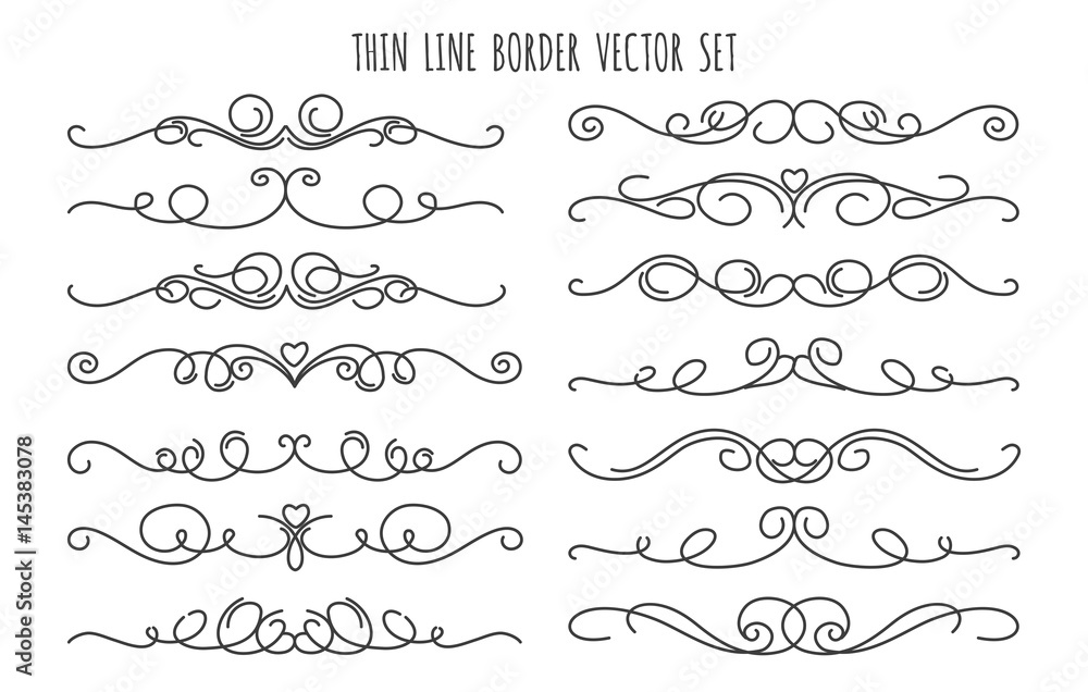 Thin line decoration dividers isolated on white background. Handdrawn swirling flourish linear divider vector set