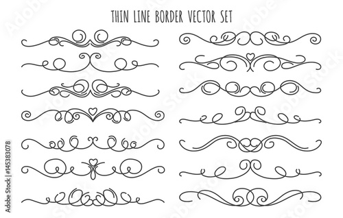 Thin line decoration dividers isolated on white background. Handdrawn swirling flourish linear divider vector set
