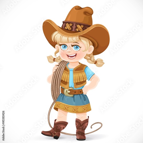 Cute girl in a cowboy suit is holding a lasso on her shoulder isolated on a white background