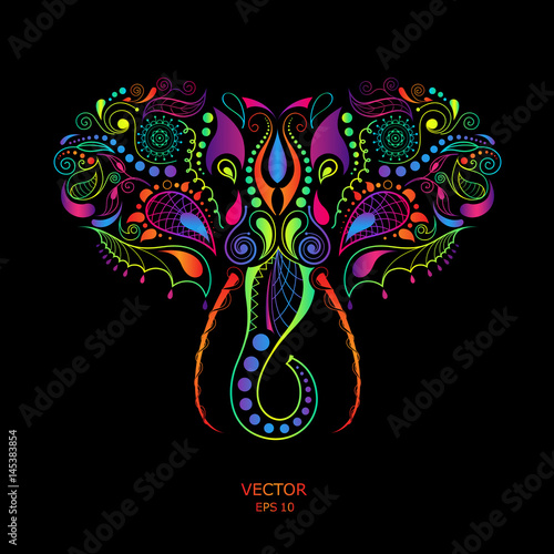 Patterned colored head of the elephant. African / indian / totem / tattoo design. It may be used for design of a t-shirt, bag, postcard and poster.