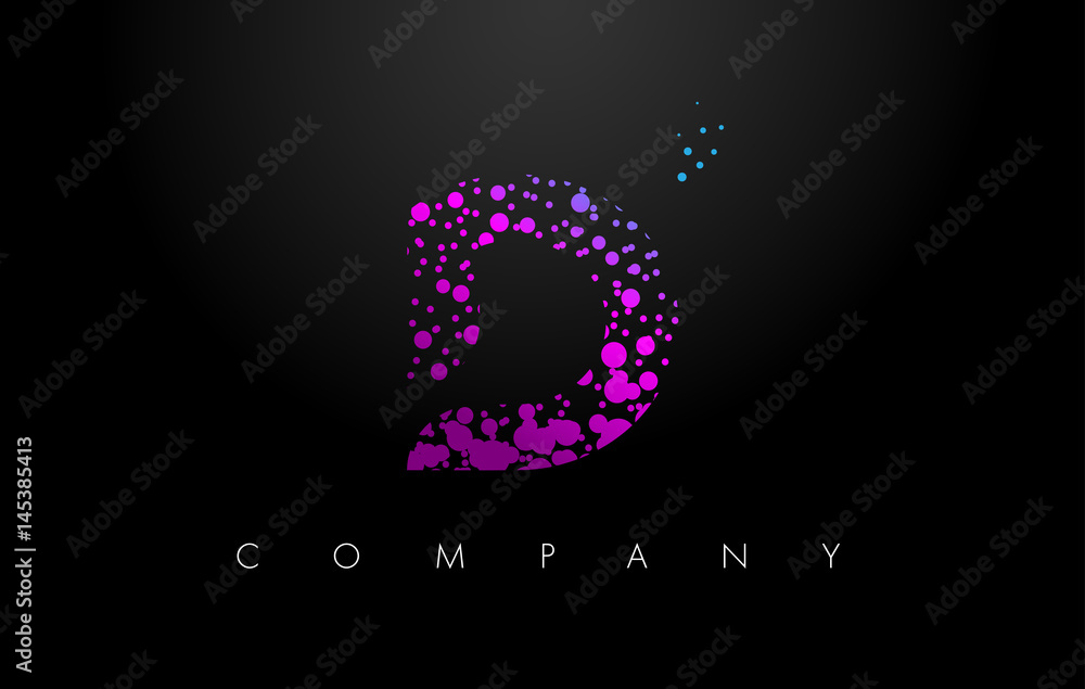 D Letter Logo with Purple Particles and Bubble Dots