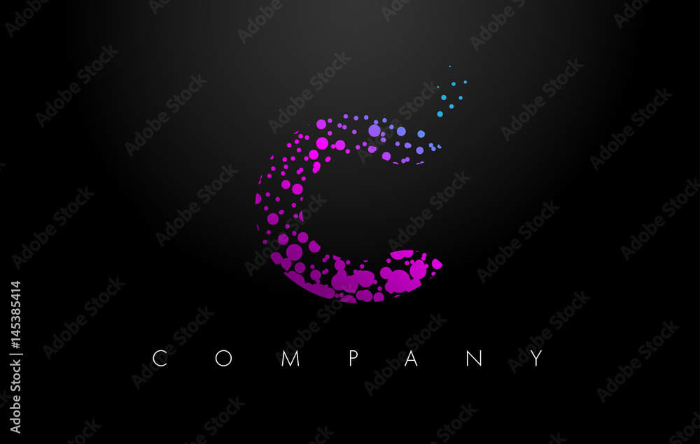 C Letter Logo with Purple Particles and Bubble Dots