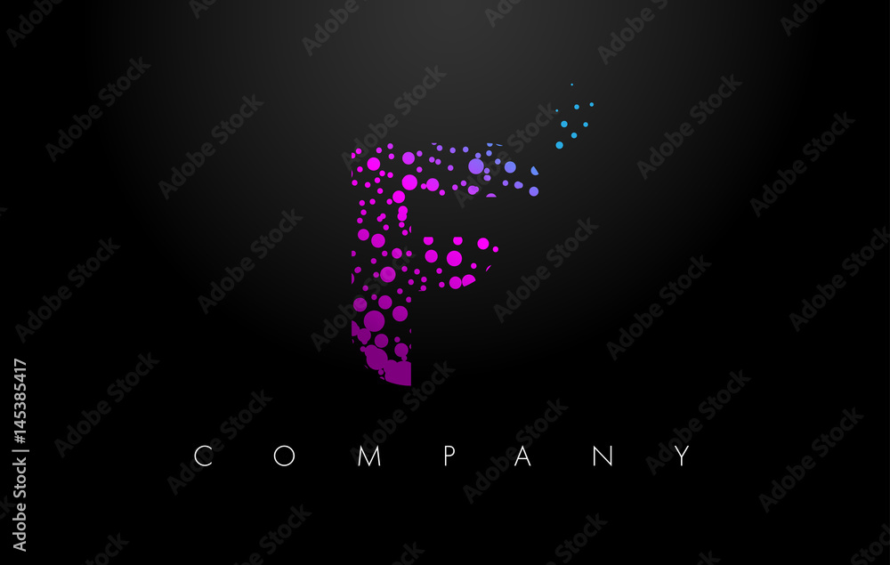 F Letter Logo with Purple Particles and Bubble Dots