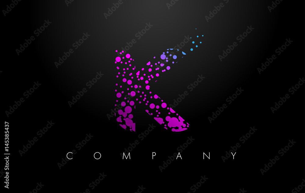 K Letter Logo with Purple Particles and Bubble Dots