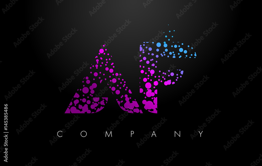 AF A F Letter Logo with Purple Particles and Bubble Dots