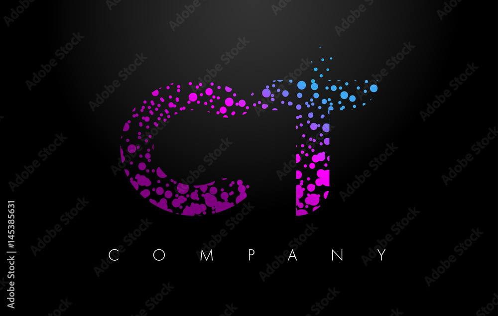 CT C T Letter Logo with Purple Particles and Bubble Dots