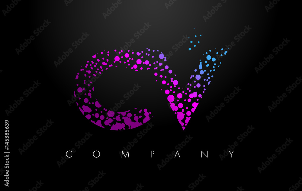 CV C V Letter Logo with Purple Particles and Bubble Dots