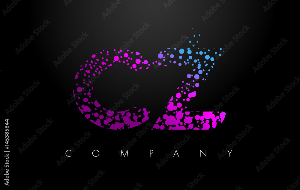 CZ C Z Letter Logo with Purple Particles and Bubble Dots