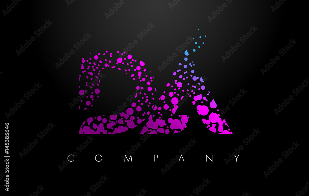 DA D A Letter Logo with Purple Particles and Bubble Dots