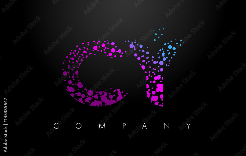 CY C Y Letter Logo with Purple Particles and Bubble Dots