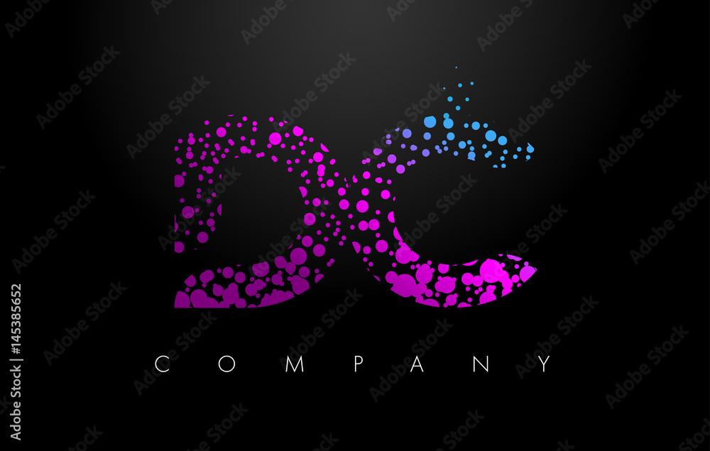 DC D C Letter Logo with Purple Particles and Bubble Dots