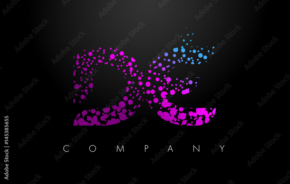 DE D E Letter Logo with Purple Particles and Bubble Dots