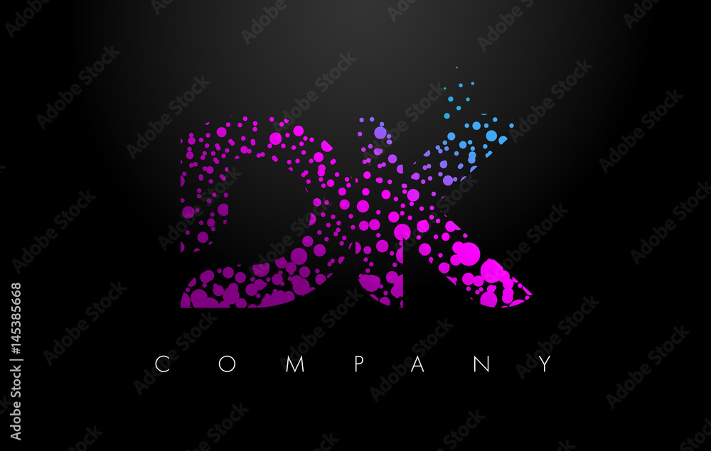 DK D K Letter Logo with Purple Particles and Bubble Dots DK D K Letter Logo with Purple Particles and Bubble Dots