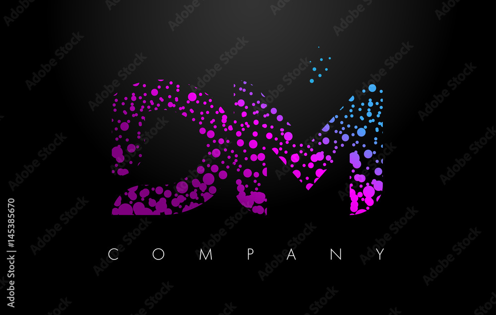 DM D M Letter Logo with Purple Particles and Bubble Dots