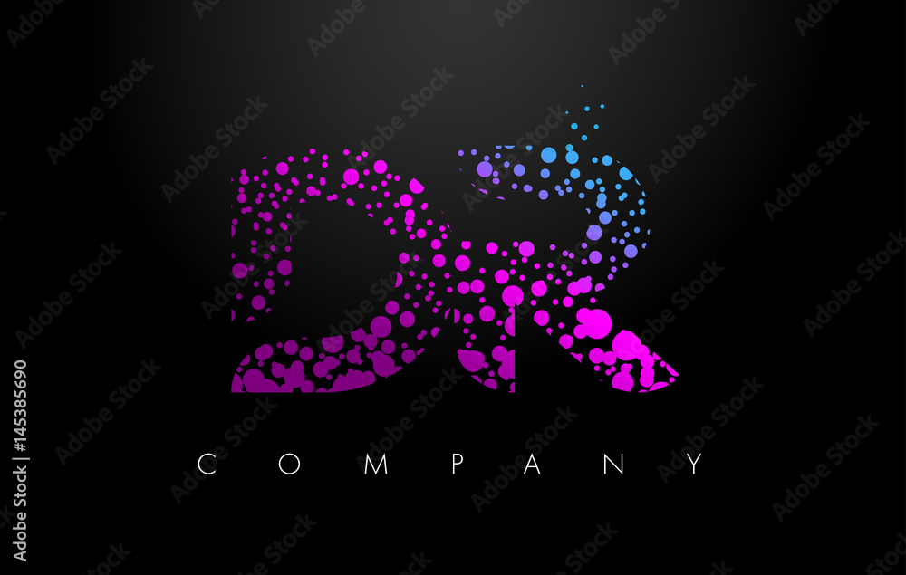 DR D R Letter Logo with Purple Particles and Bubble Dots