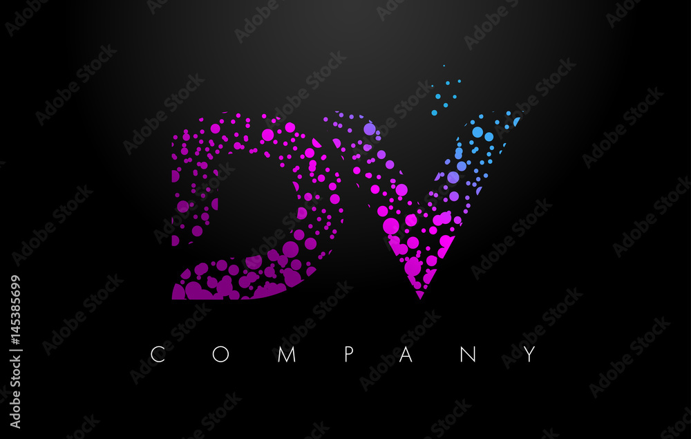 DV D V Letter Logo with Purple Particles and Bubble Dots