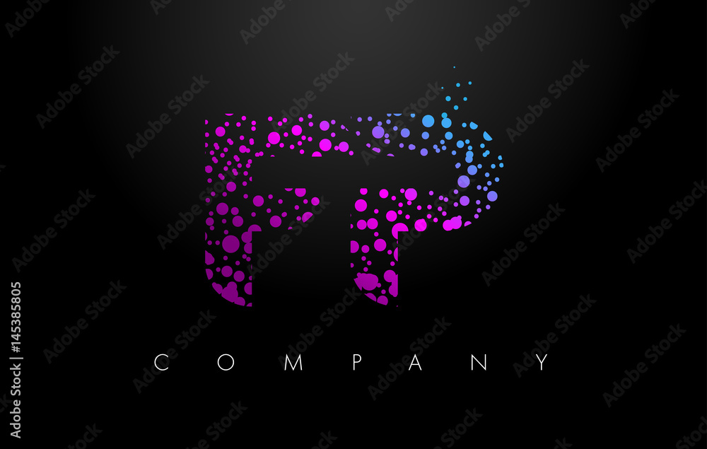 FP F P Letter Logo with Purple Particles and Bubble Dots