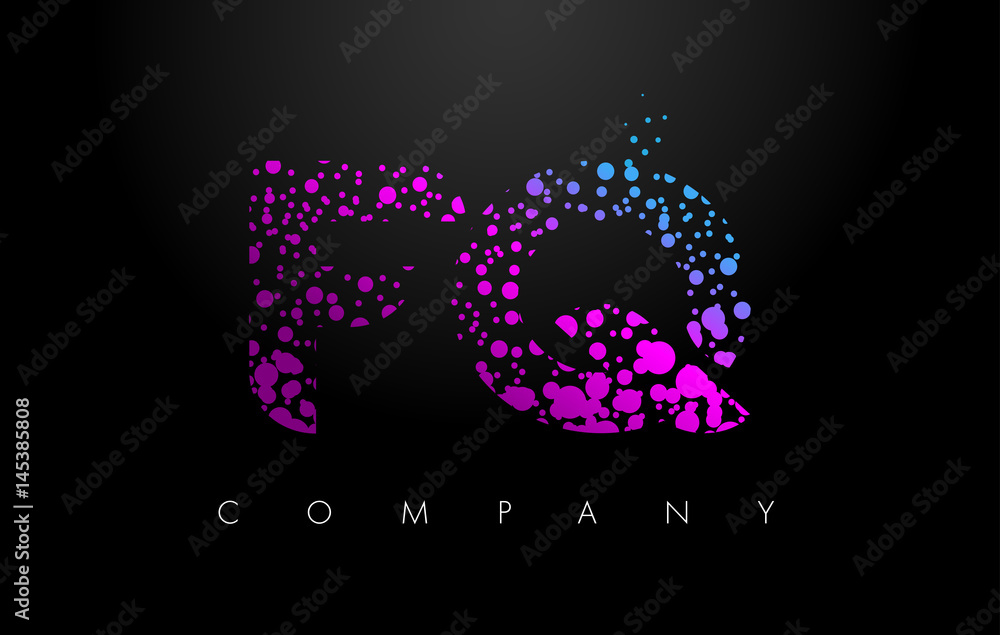FQ F Q Letter Logo with Purple Particles and Bubble Dots