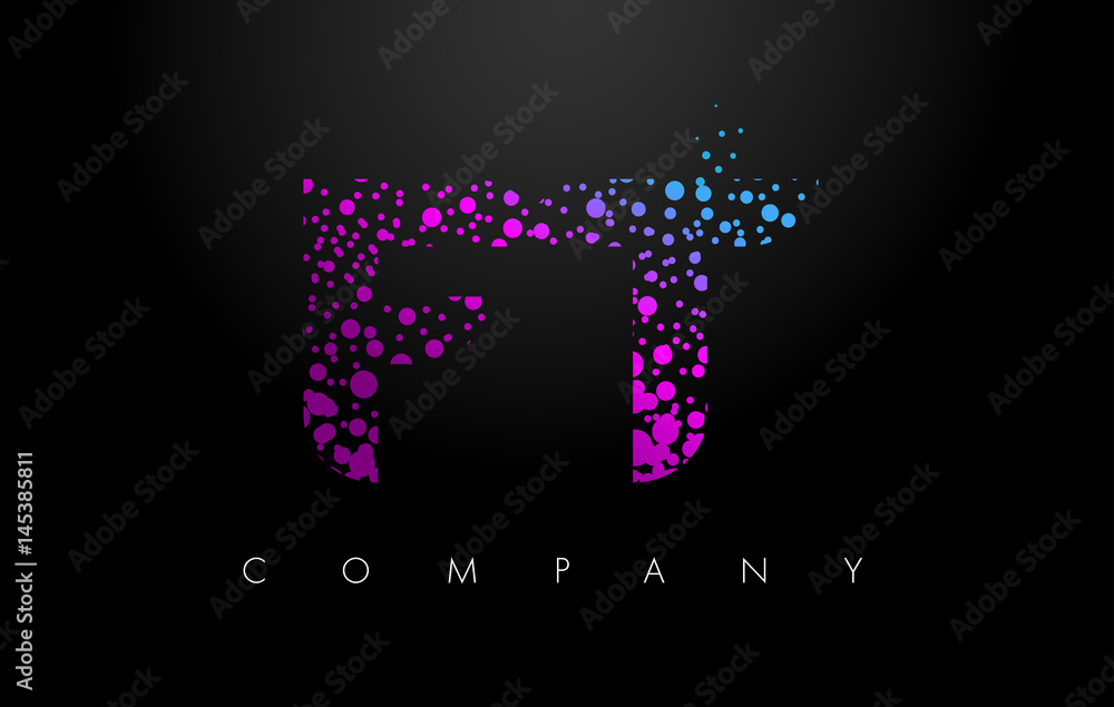 FT F T Letter Logo with Purple Particles and Bubble Dots